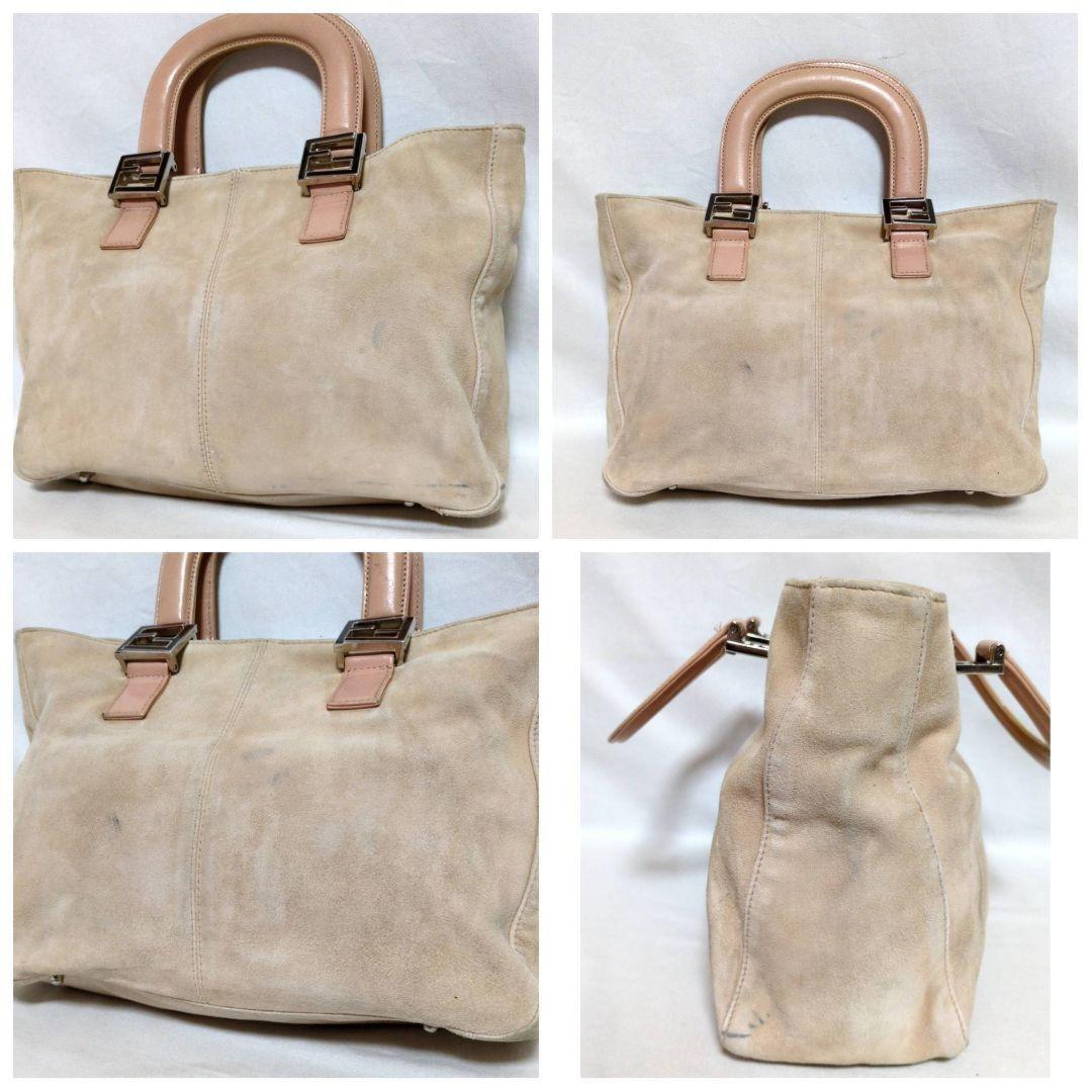FENDI Hand Bag Tote Purse FF Suede Leather Beige Authentic