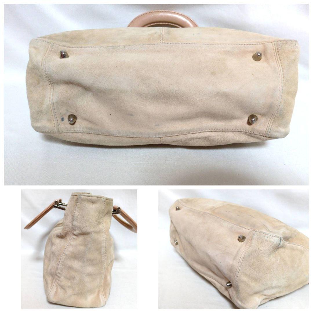 FENDI Hand Bag Tote Purse FF Suede Leather Beige Authentic