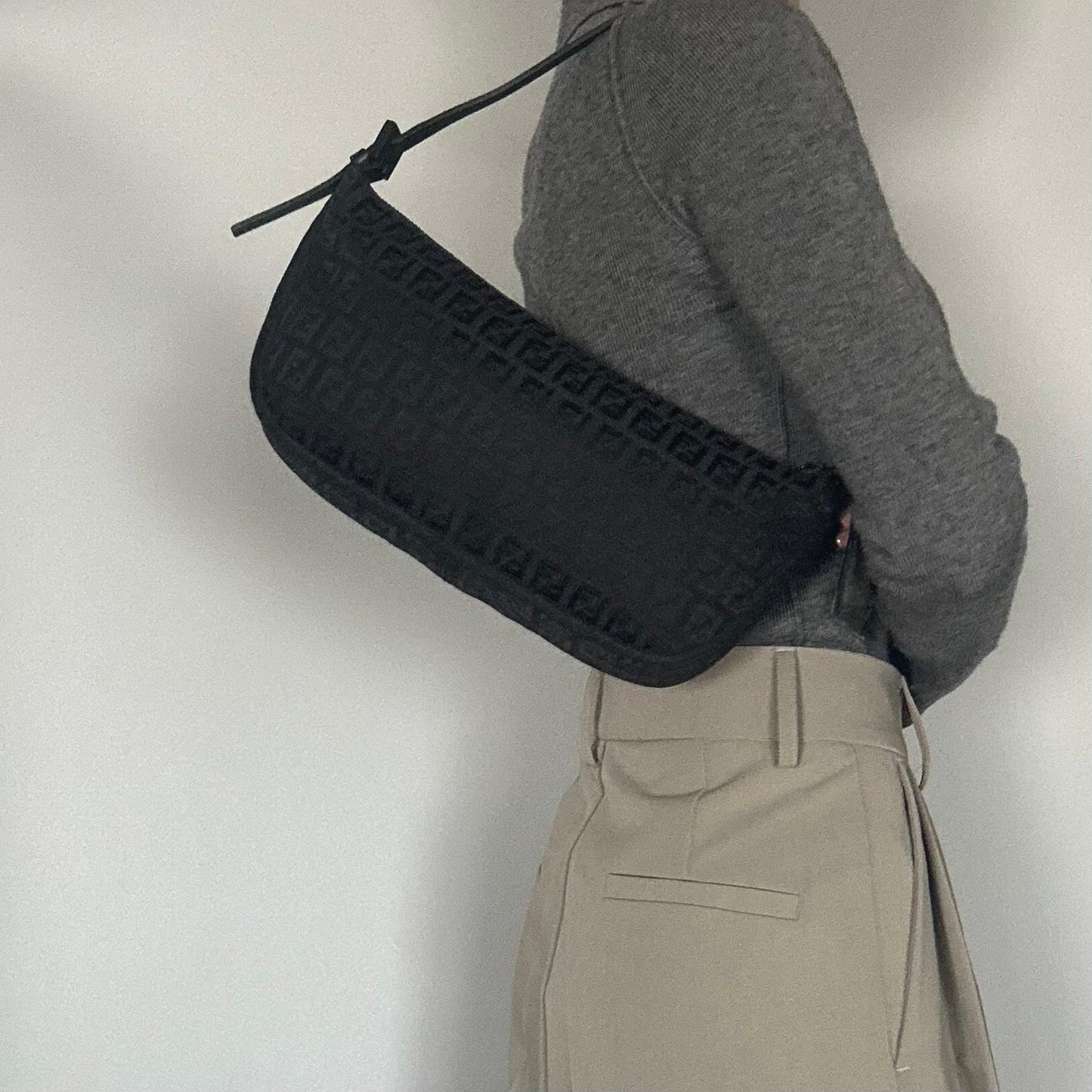 FENDI Bag Zucchino FF Pouch Shoulder Purse Canvas Black Used Authentic
