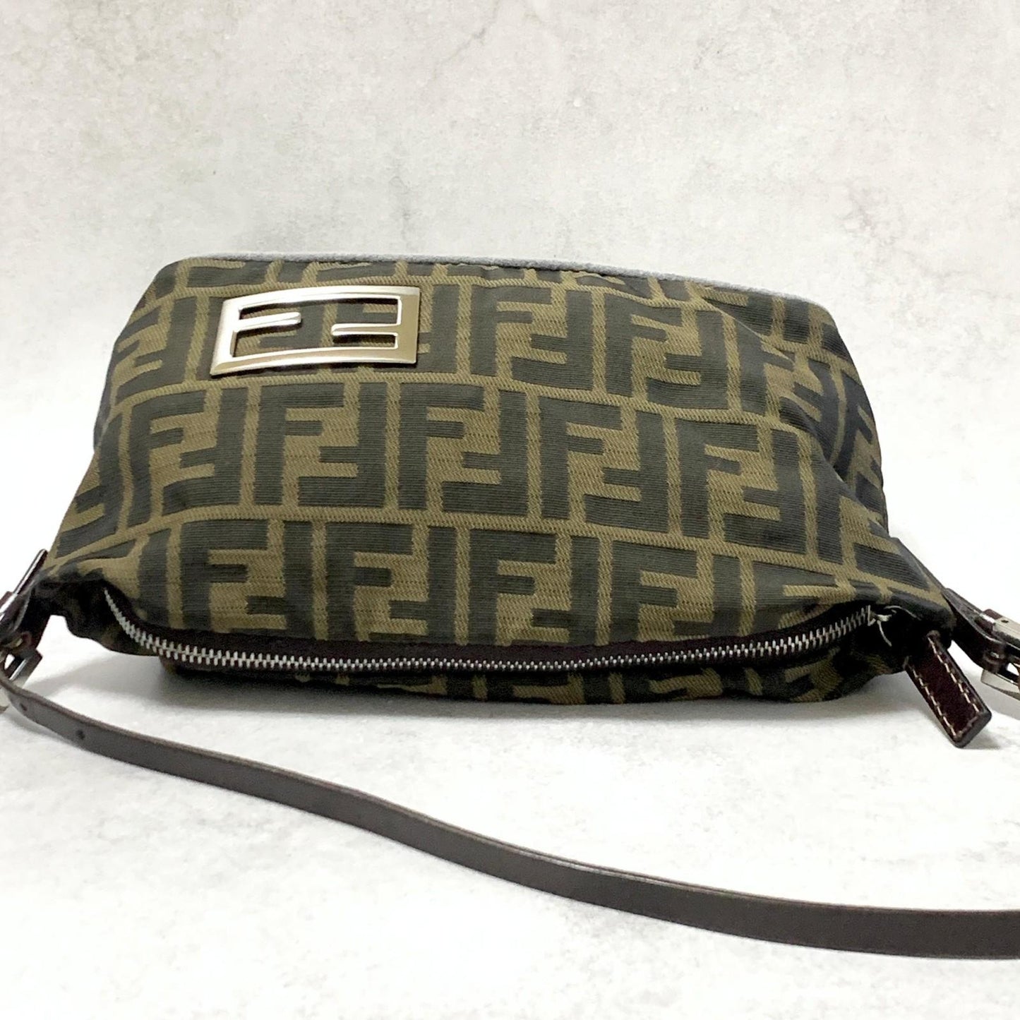 FENDI Bag FF Zucca Mamma Baguette Pouch Shoulder Purse Canvas Brown Authentic