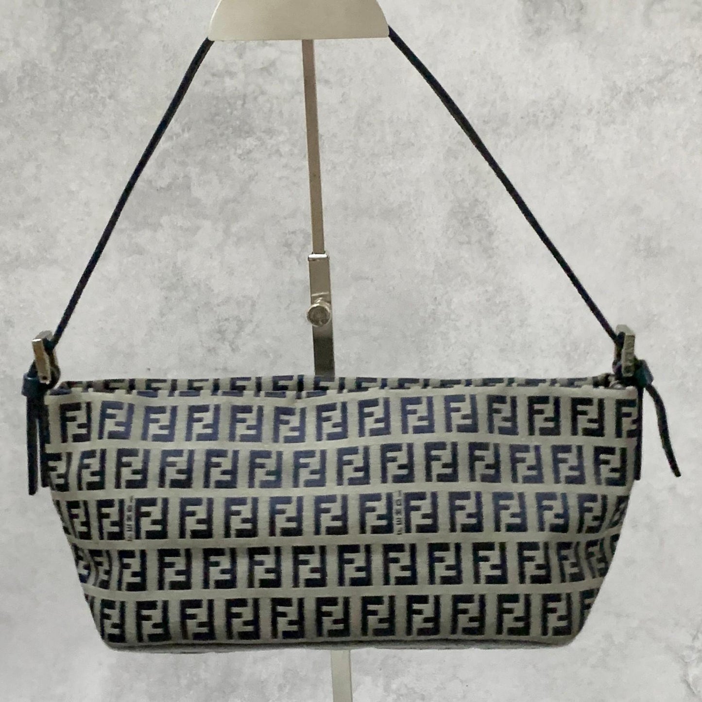 FENDI Bag FF Zucchino Mamma Baguette Pouch Shoulder Purse Canvas Gray Black Auth