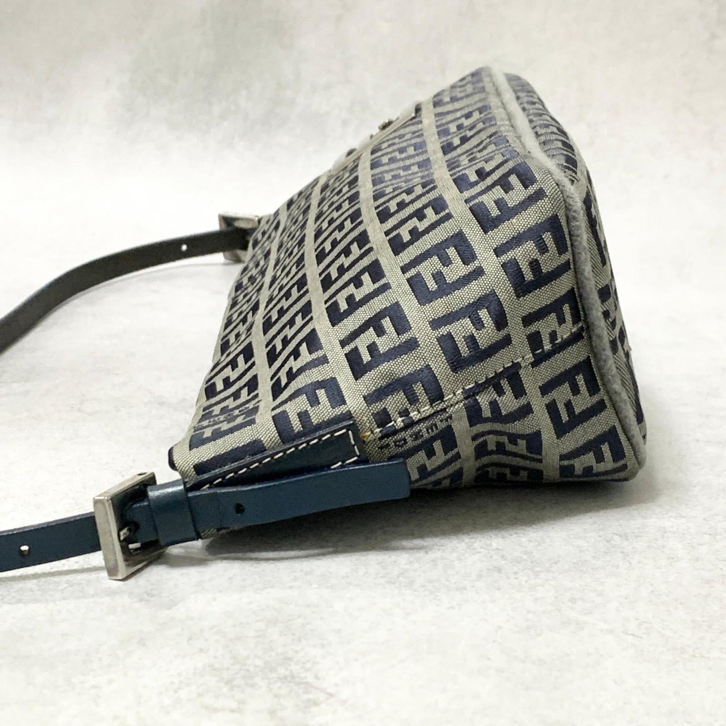 FENDI Bag FF Zucchino Mamma Baguette Pouch Shoulder Purse Canvas Gray Black Auth