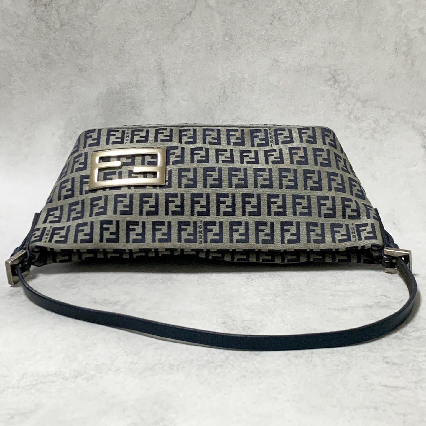 FENDI Bag FF Zucchino Mamma Baguette Pouch Shoulder Purse Canvas Gray Black Auth