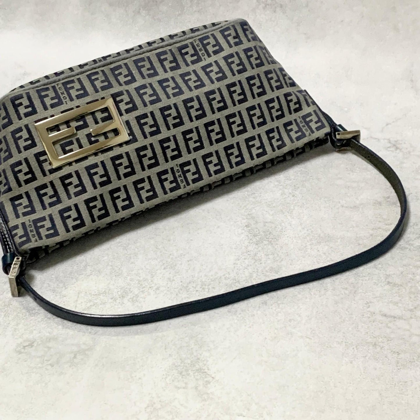 FENDI Bag FF Zucchino Mamma Baguette Pouch Shoulder Purse Canvas Gray Black Auth