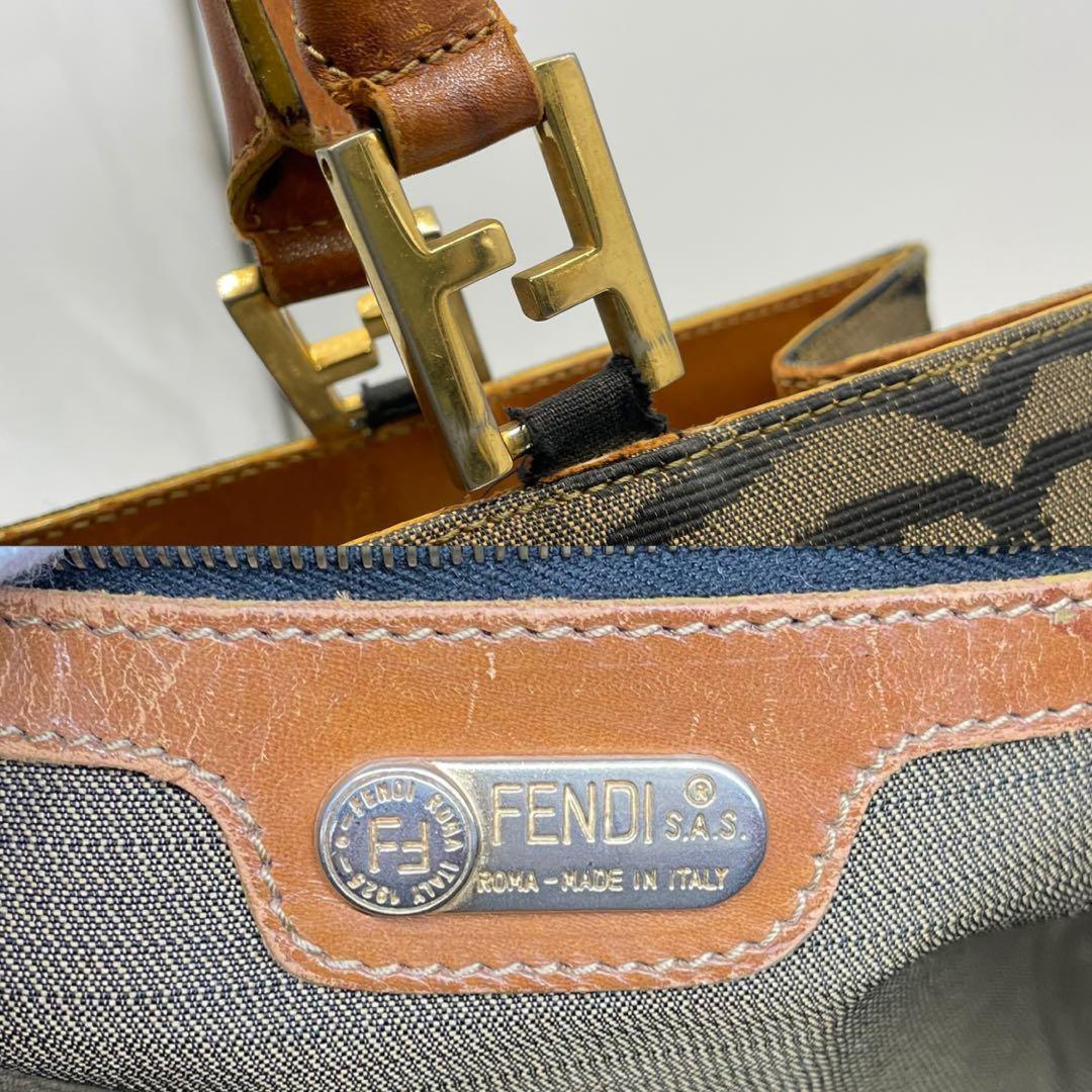 FENDI Hand Bag Tote Purse FF Zebra Canvas Leather Brown Authentic