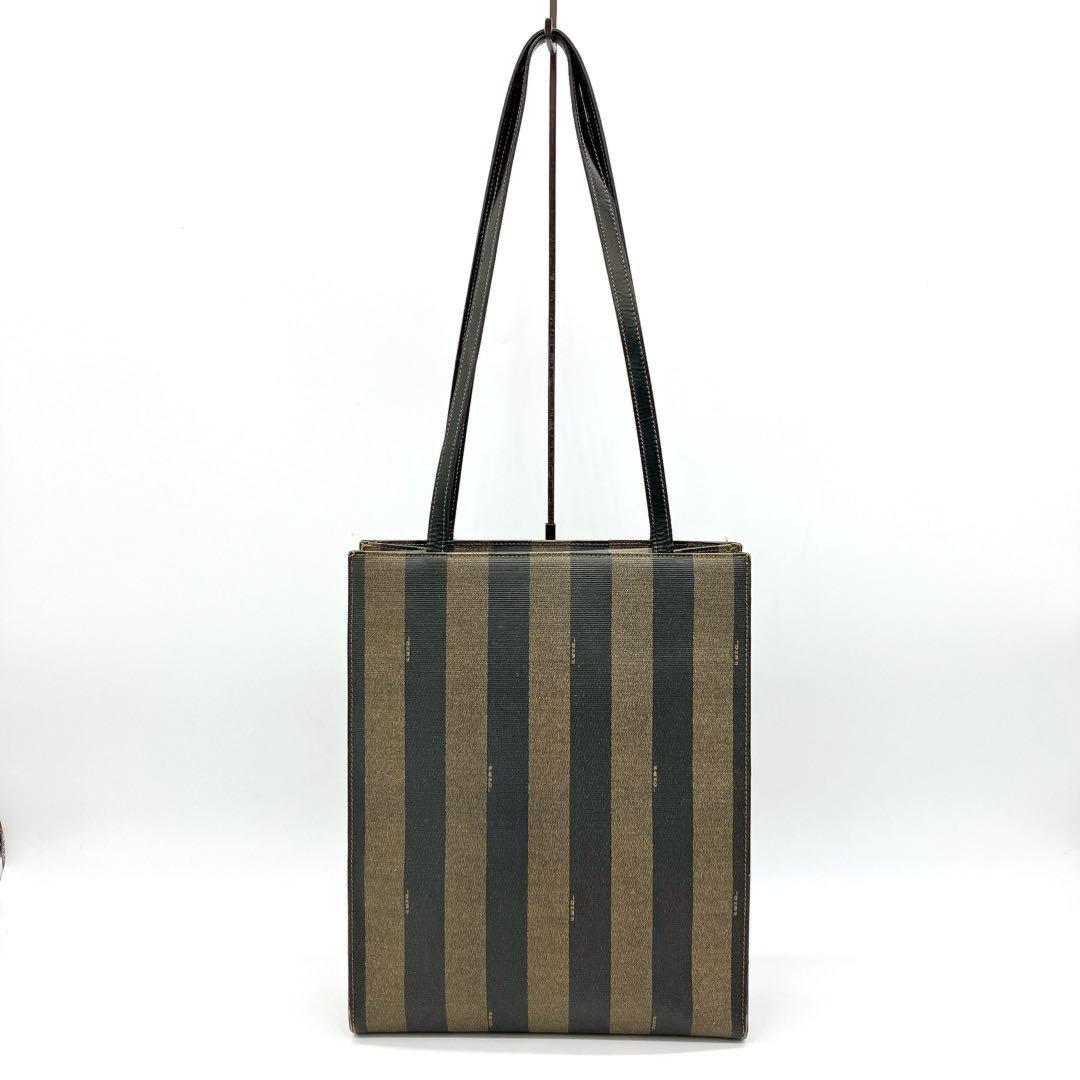 FENDI Hand Bag Tote Purse FF Pecan PVC Leather Black Brown Authentic