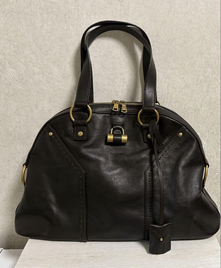 Saint Laurent Hand Bag Tote Purse MUSE Leather Dark Brown Authentic
