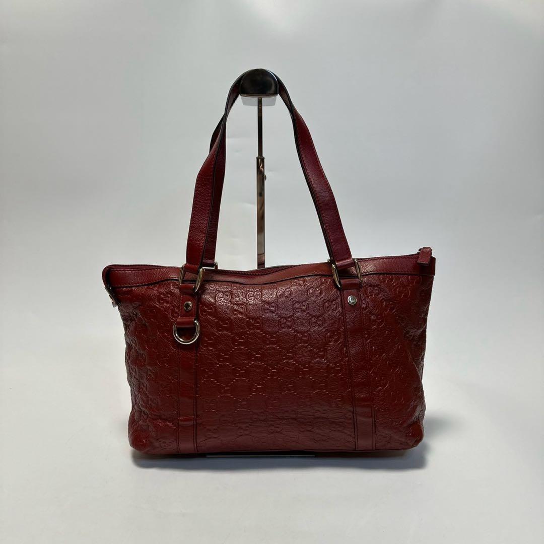GUCCI Hand Bag Tote Purse GG Shima Leather Red Bordeaux Authentic