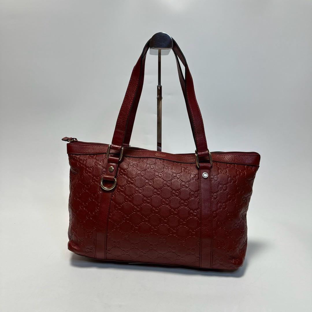 GUCCI Hand Bag Tote Purse GG Shima Leather Red Bordeaux Authentic
