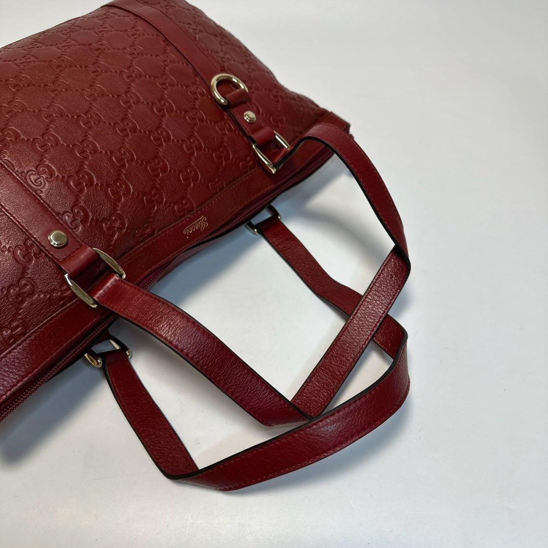 GUCCI Hand Bag Tote Purse GG Shima Leather Red Bordeaux Authentic