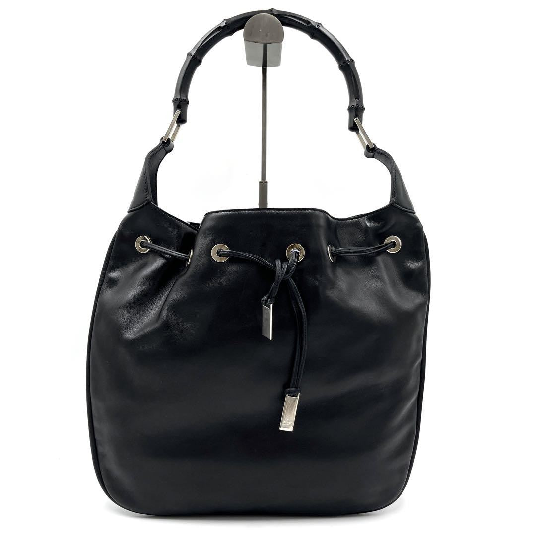 GUCCI Shoulder Bag Purse Bamboo Leather Black Authentic