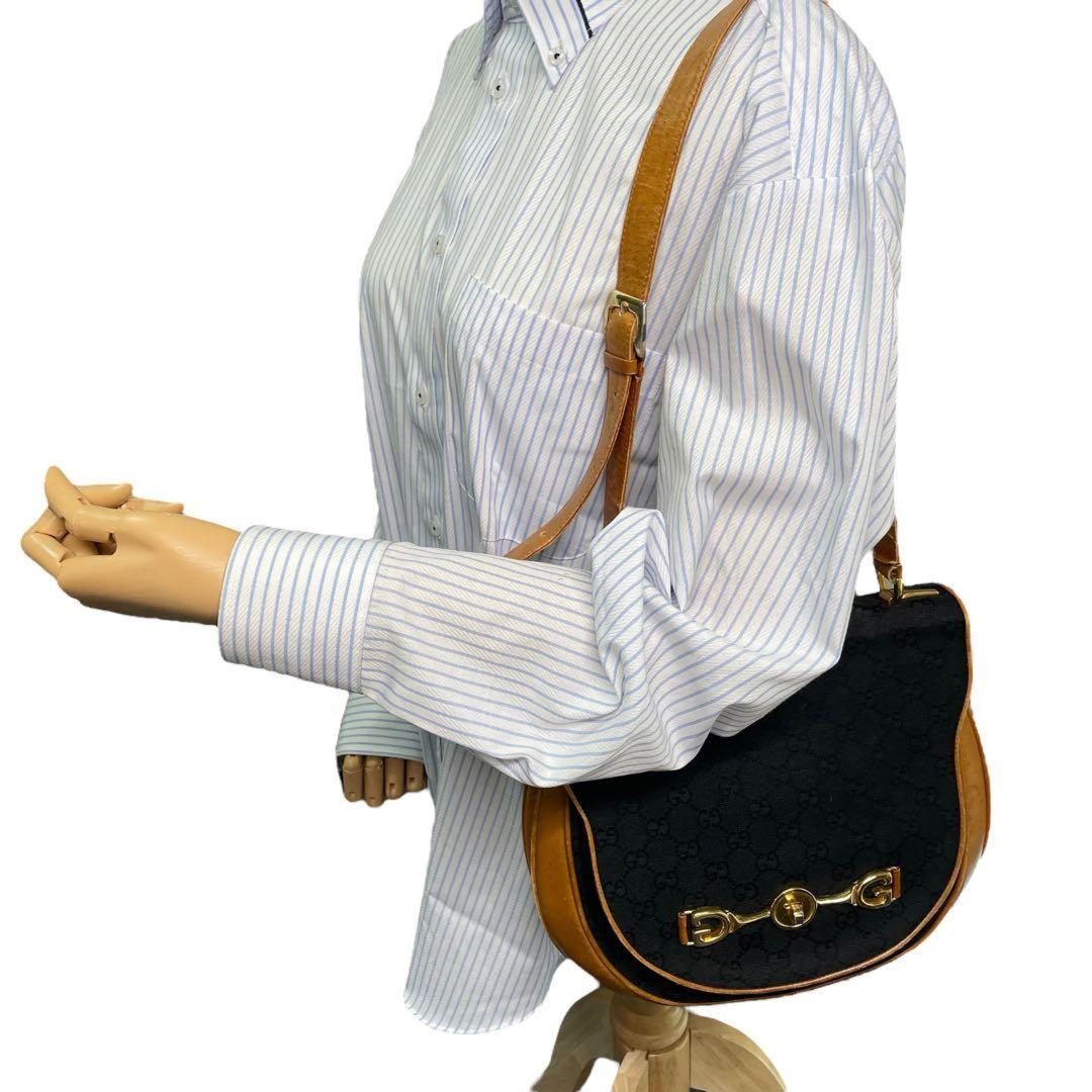 GUCCI Shoulder Bag Purse OLD Horsebit Canvas Leather Black Brown Authentic
