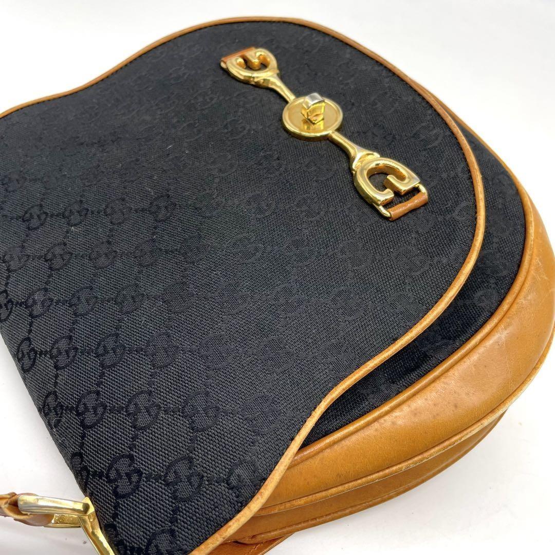 GUCCI Shoulder Bag Purse OLD Horsebit Canvas Leather Black Brown Authentic