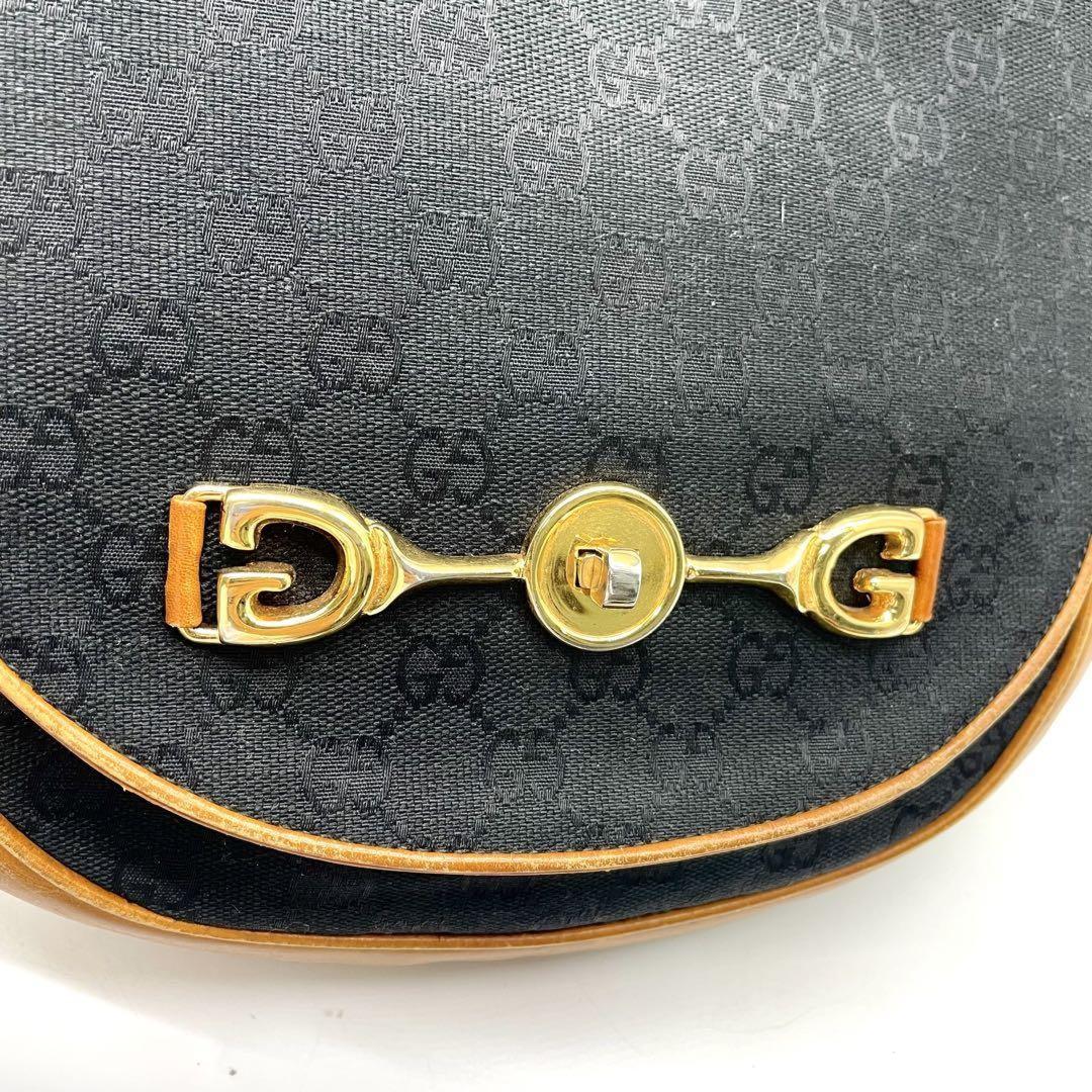 GUCCI Shoulder Bag Purse OLD Horsebit Canvas Leather Black Brown Authentic
