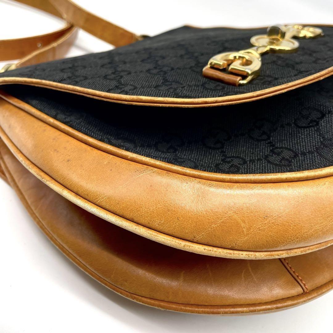 GUCCI Shoulder Bag Purse OLD Horsebit Canvas Leather Black Brown Authentic