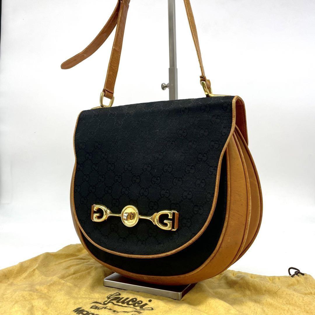 GUCCI Shoulder Bag Purse OLD Horsebit Canvas Leather Black Brown Authentic