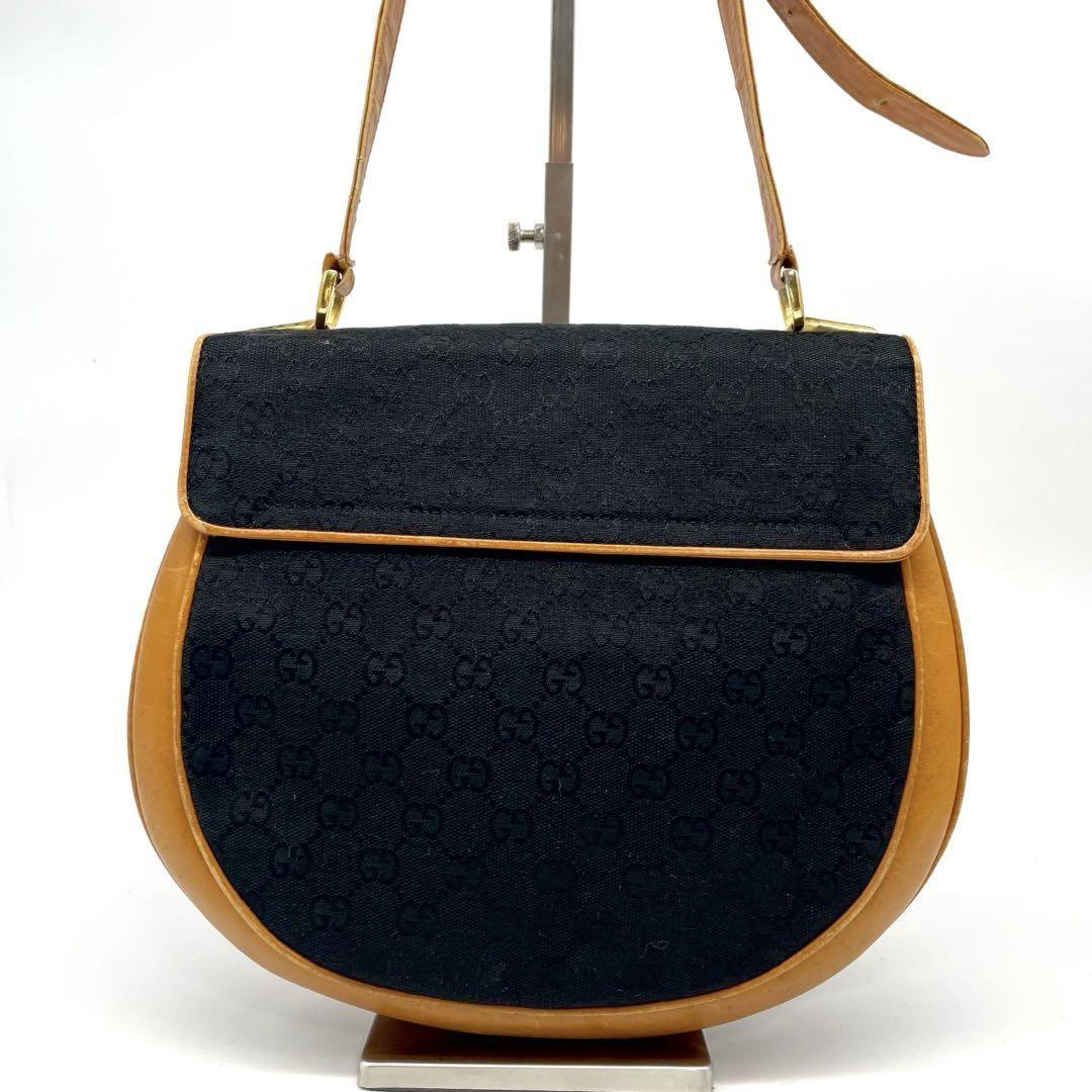 GUCCI Shoulder Bag Purse OLD Horsebit Canvas Leather Black Brown Authentic