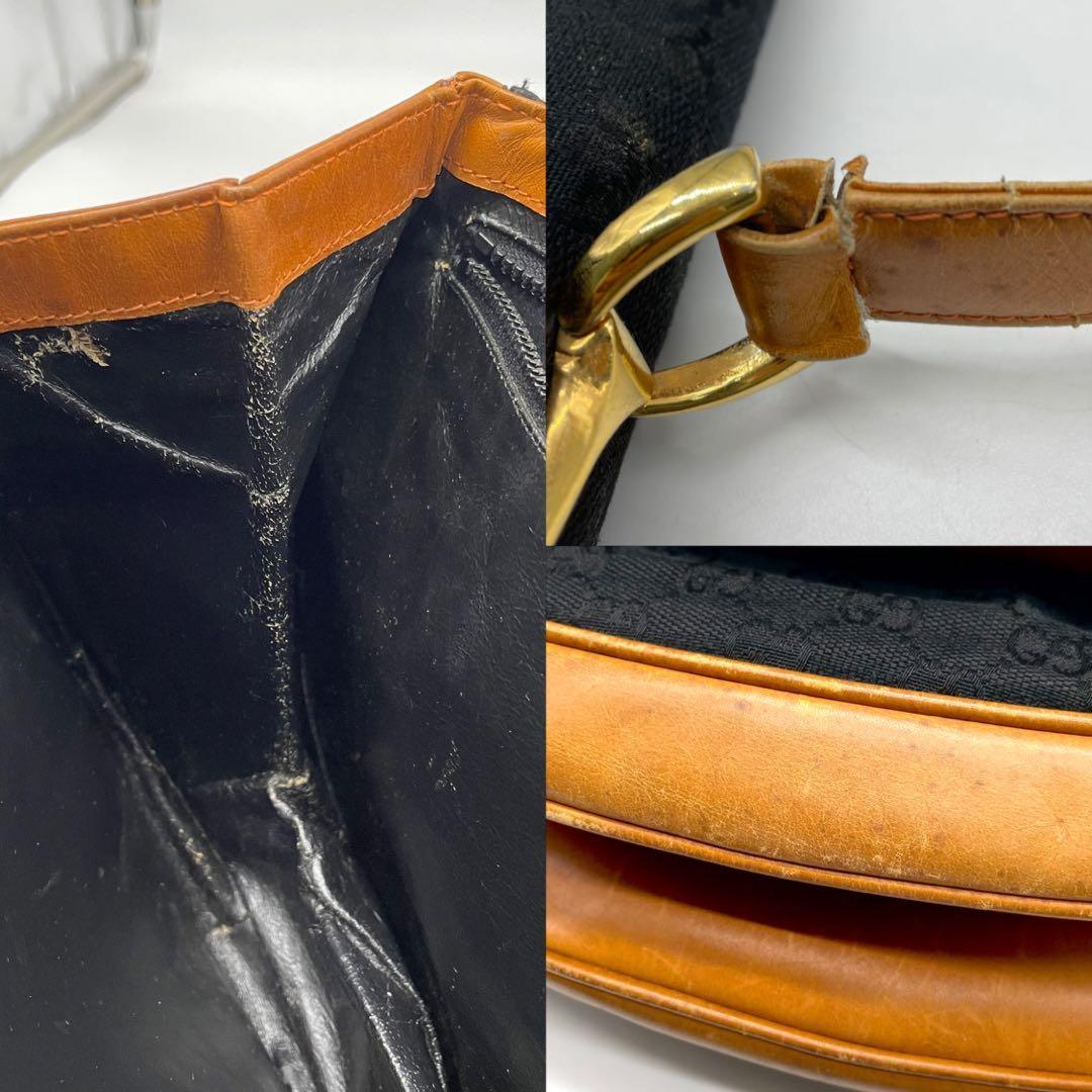 GUCCI Shoulder Bag Purse OLD Horsebit Canvas Leather Black Brown Authentic