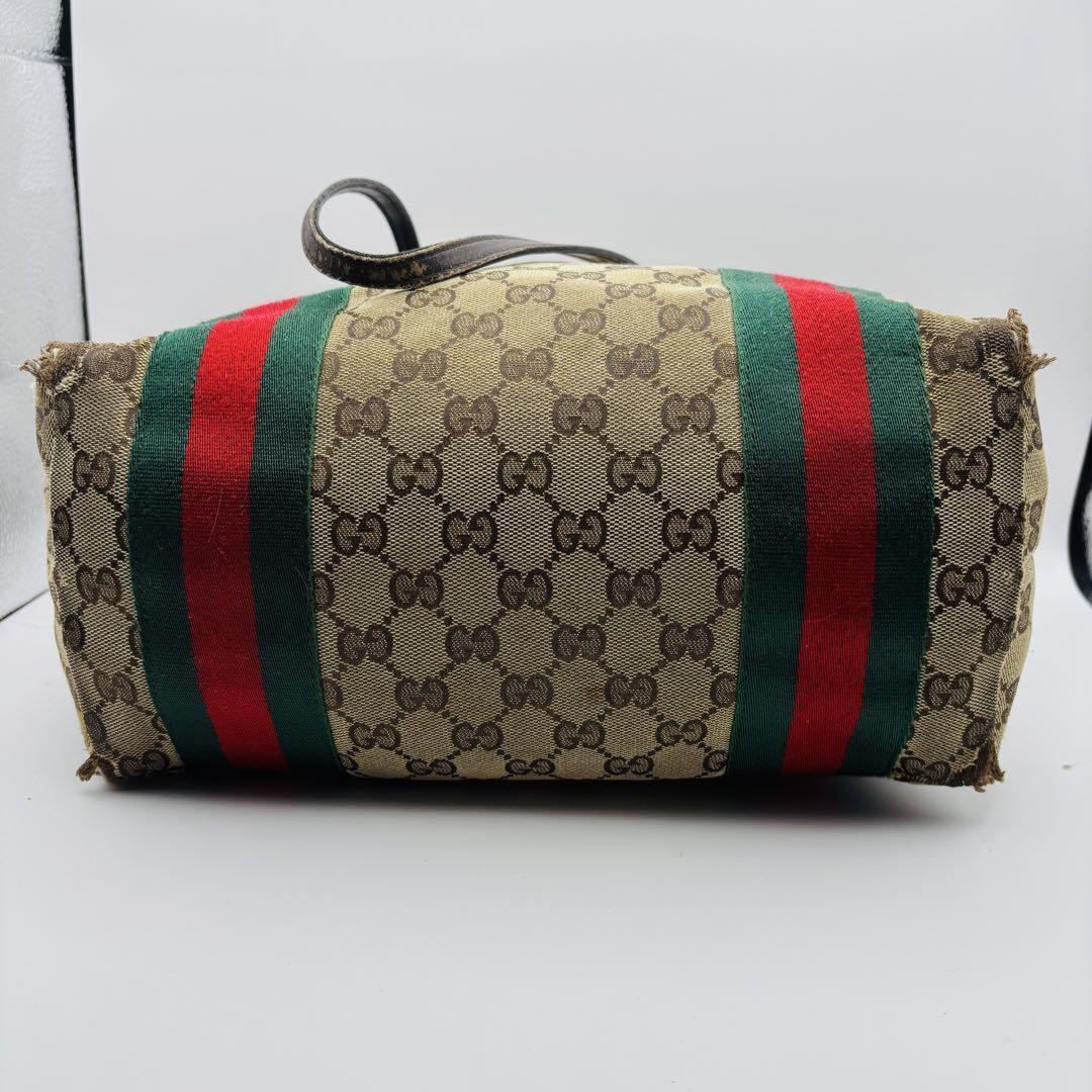 GUCCI Hand Bag Tote Purse Sherry Line GG Canvas Green Red Brown Authentic