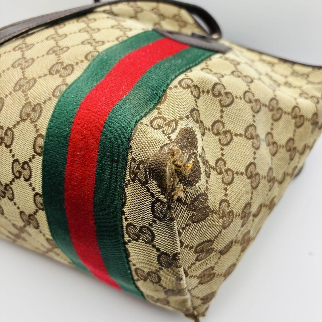GUCCI Hand Bag Tote Purse Sherry Line GG Canvas Green Red Brown Authentic