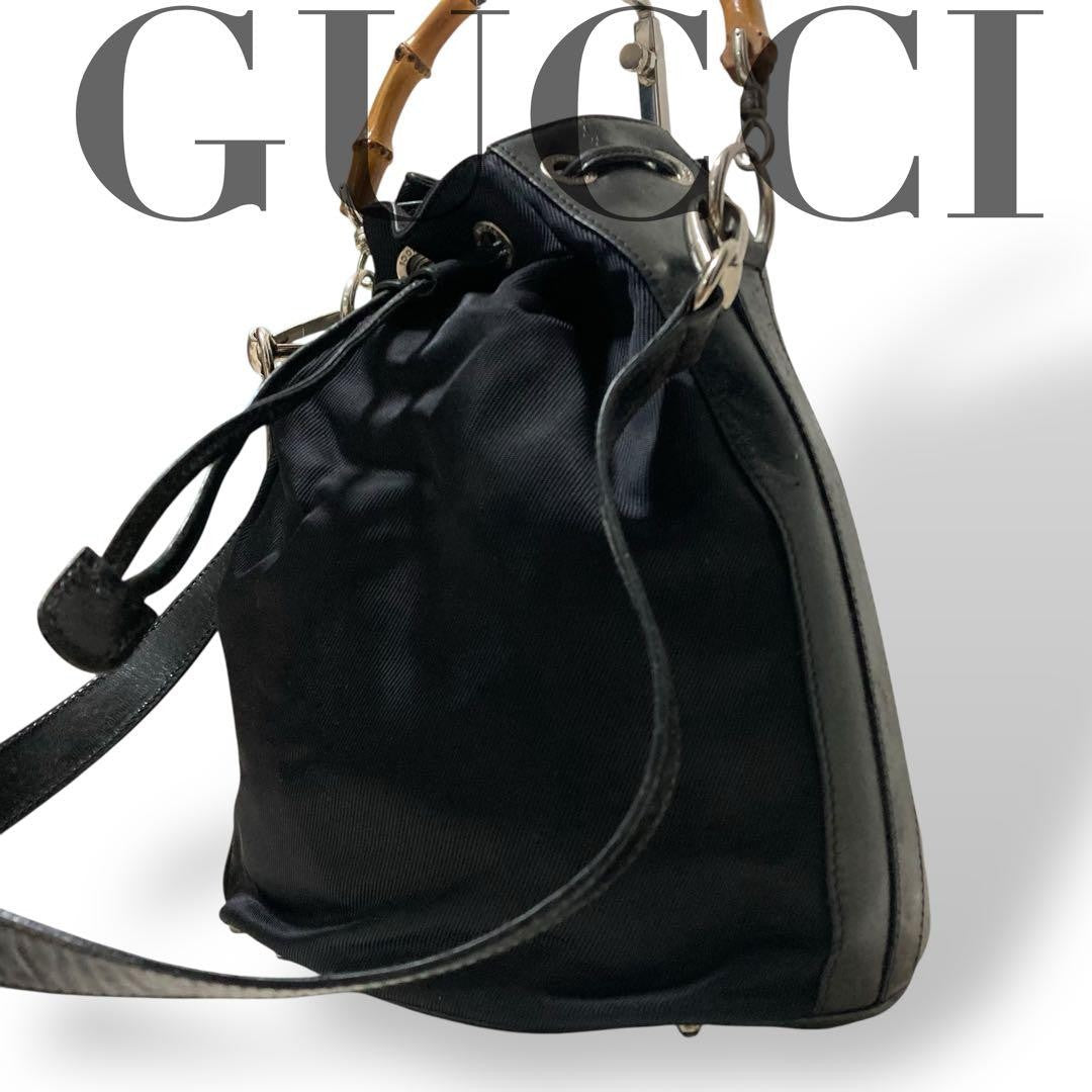 GUCCI Shoulder Bag Purse 2way Bamboo Nylon Leather Black Authentic