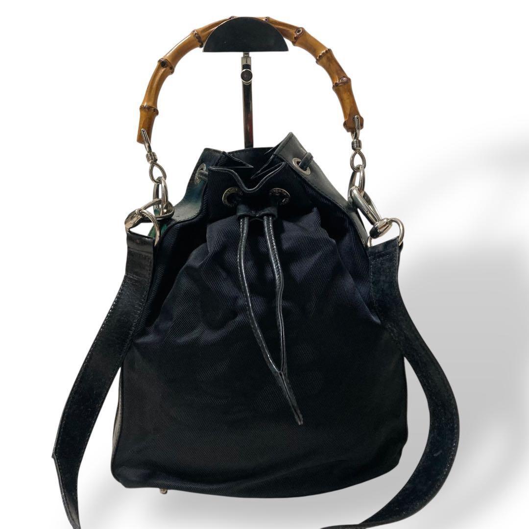 GUCCI Shoulder Bag Purse 2way Bamboo Nylon Leather Black Authentic