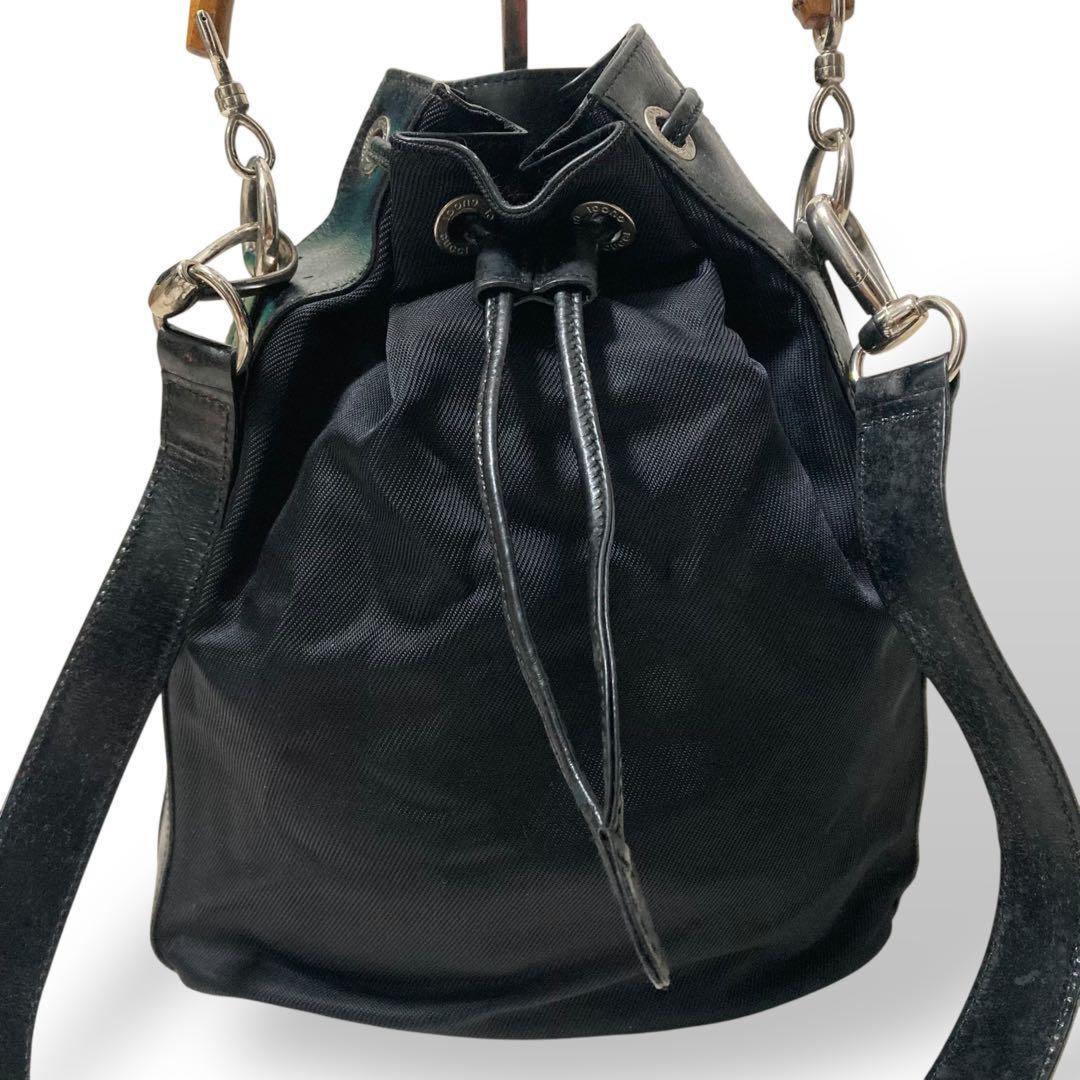 GUCCI Shoulder Bag Purse 2way Bamboo Nylon Leather Black Authentic