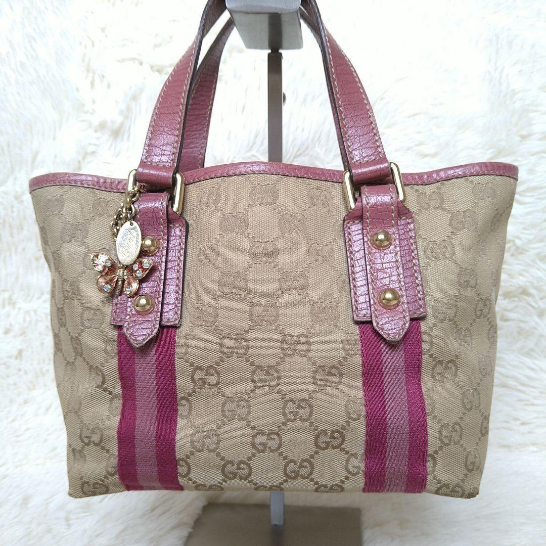 GUCCI Hand Bag Tote Purse Sherry Line GG Canvas Beige Pink Authentic