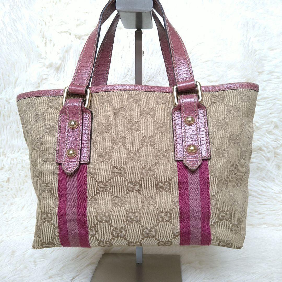 GUCCI Hand Bag Tote Purse Sherry Line GG Canvas Beige Pink Authentic