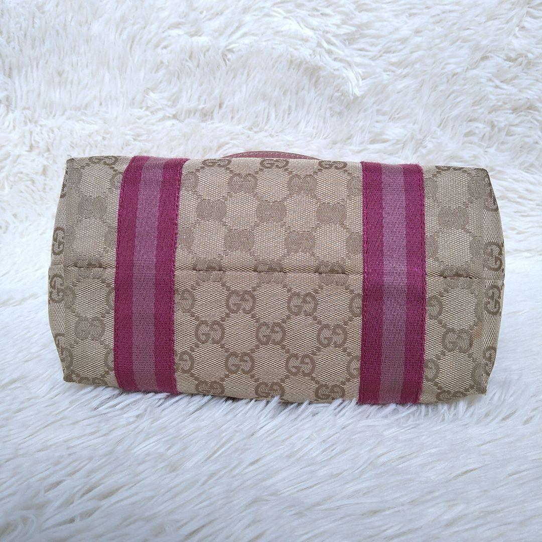 GUCCI Hand Bag Tote Purse Sherry Line GG Canvas Beige Pink Authentic