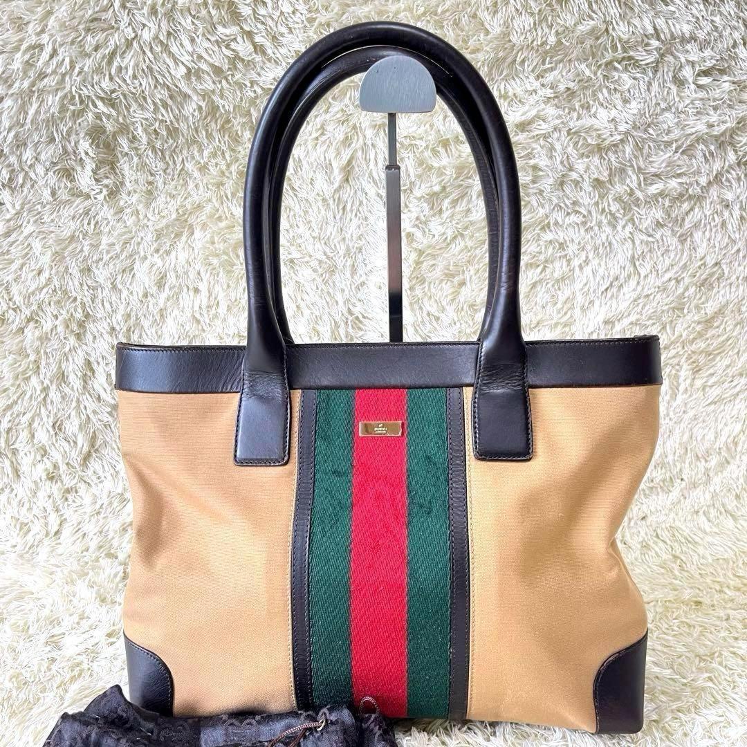GUCCI Hand Bag Tote Purse Sherry Line Canvas Leather Brown Authentic