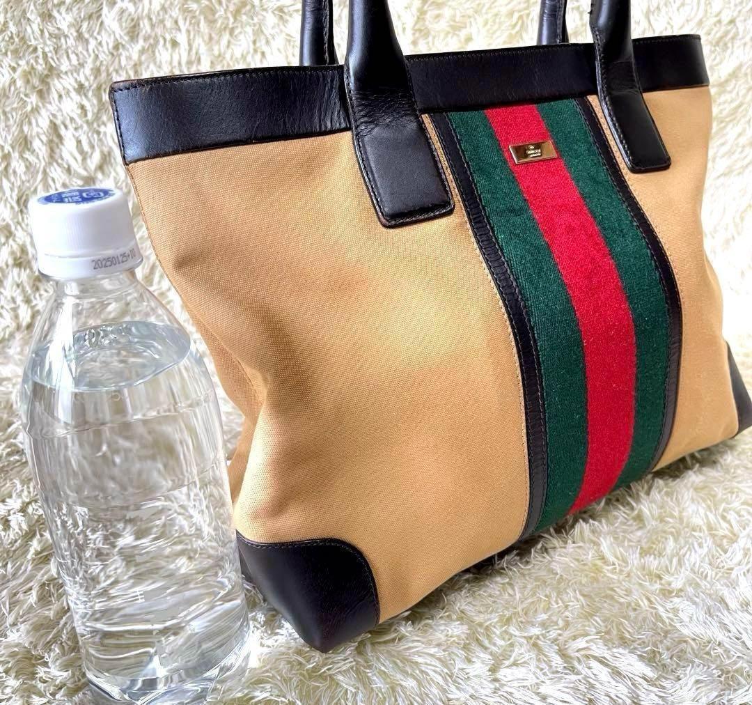 GUCCI Hand Bag Tote Purse Sherry Line Canvas Leather Brown Authentic