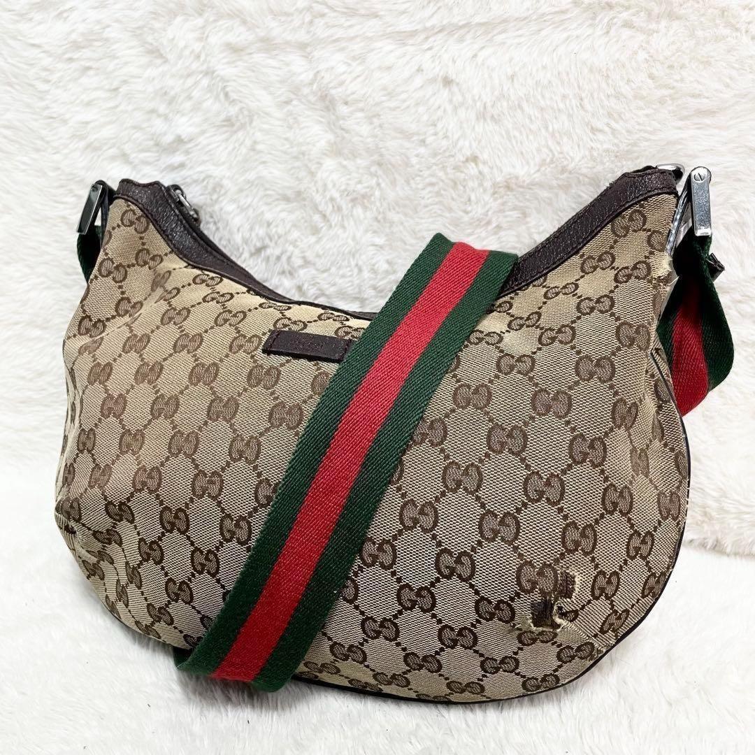 GUCCI Shoulder Bag Purse Sherry Line GG Canvas Leather Beige Brown Authentic