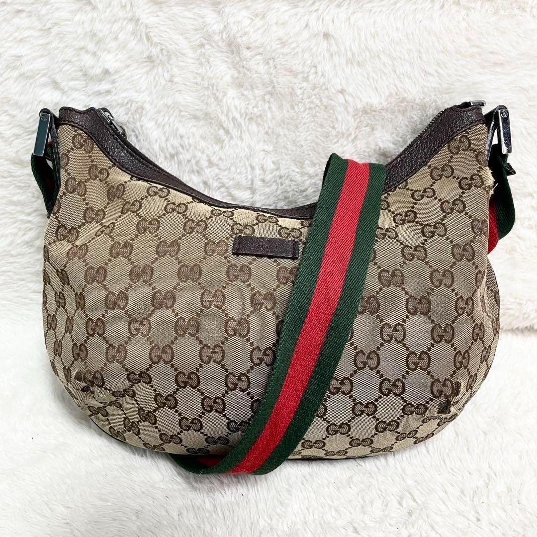 GUCCI Shoulder Bag Purse Sherry Line GG Canvas Leather Beige Brown Authentic