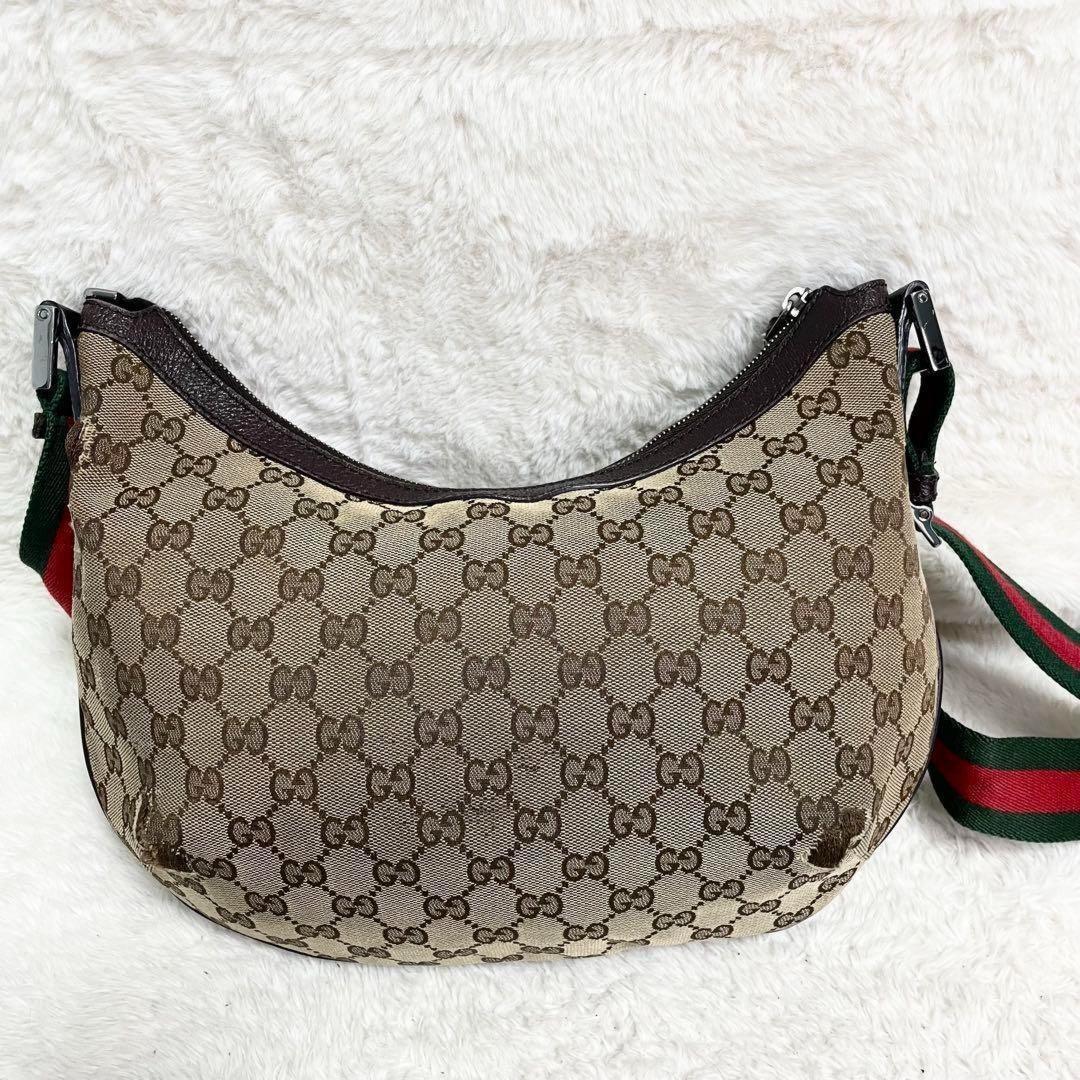 GUCCI Shoulder Bag Purse Sherry Line GG Canvas Leather Beige Brown Authentic