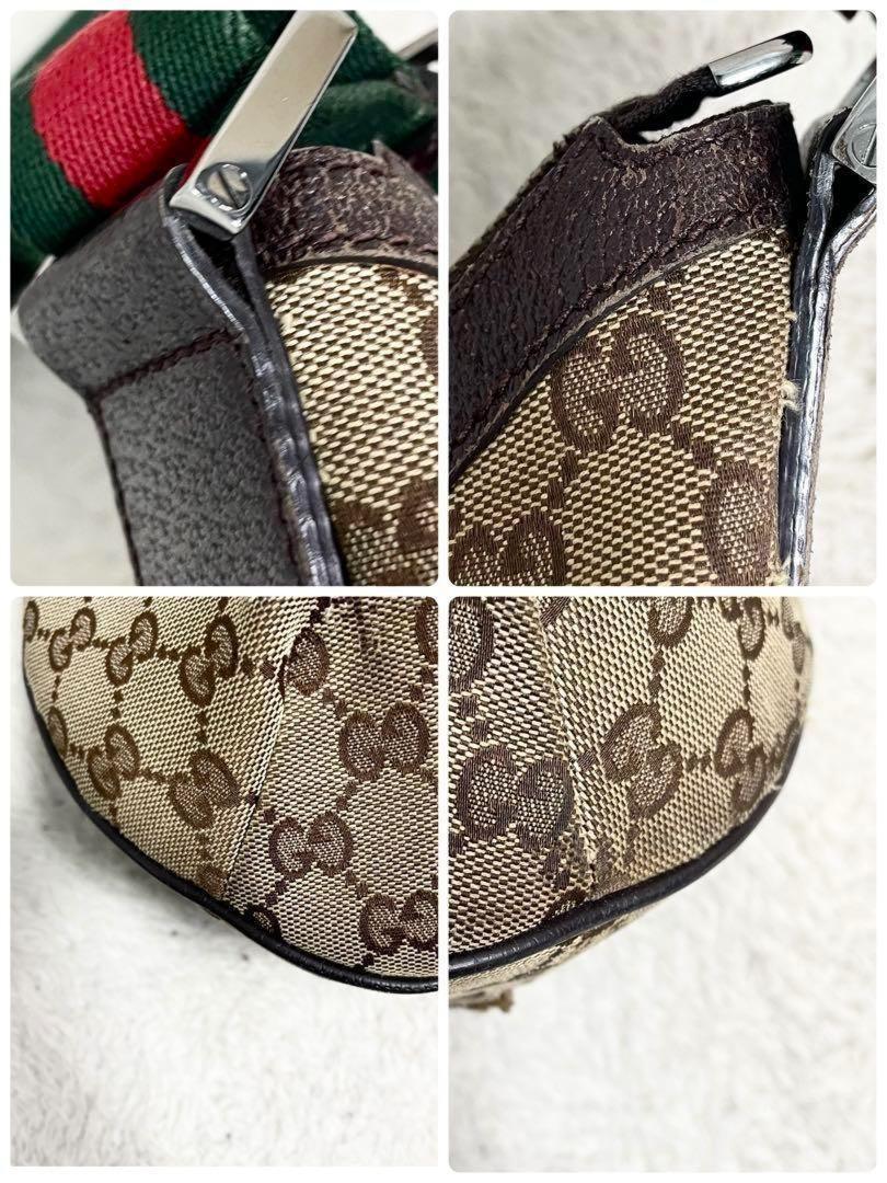 GUCCI Shoulder Bag Purse Sherry Line GG Canvas Leather Beige Brown Authentic