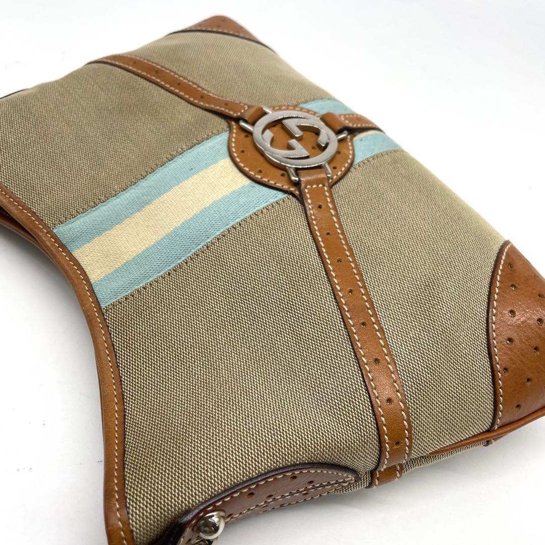 GUCCI Shoulder Bag Purse Sherry Line Canvas Leather Beige Authentic