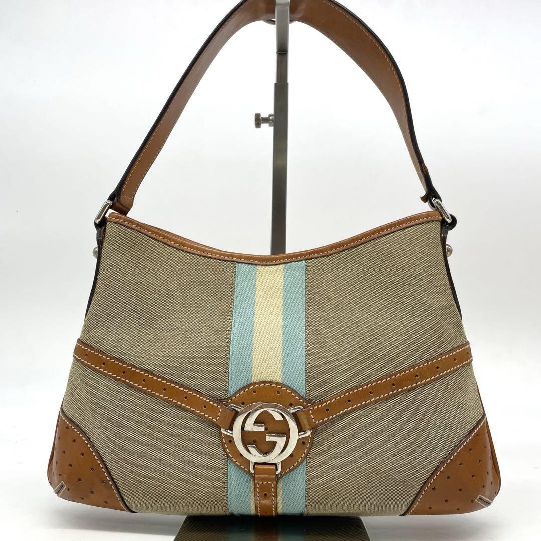 GUCCI Shoulder Bag Purse Sherry Line Canvas Leather Beige Authentic