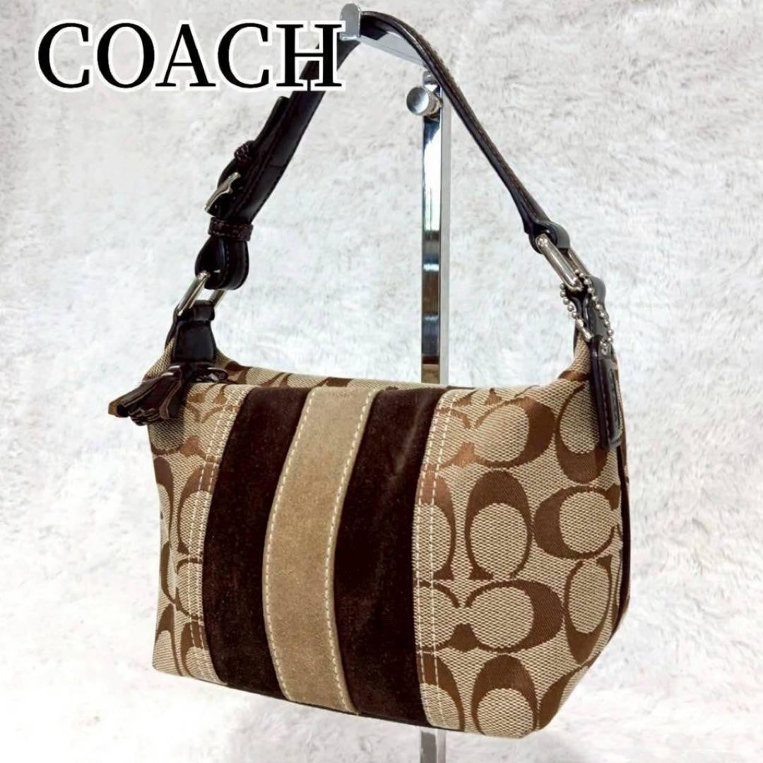 COACH Accessory Pouch Hand Bag Tote Purse Signature Canvas Suede Leather Brown
