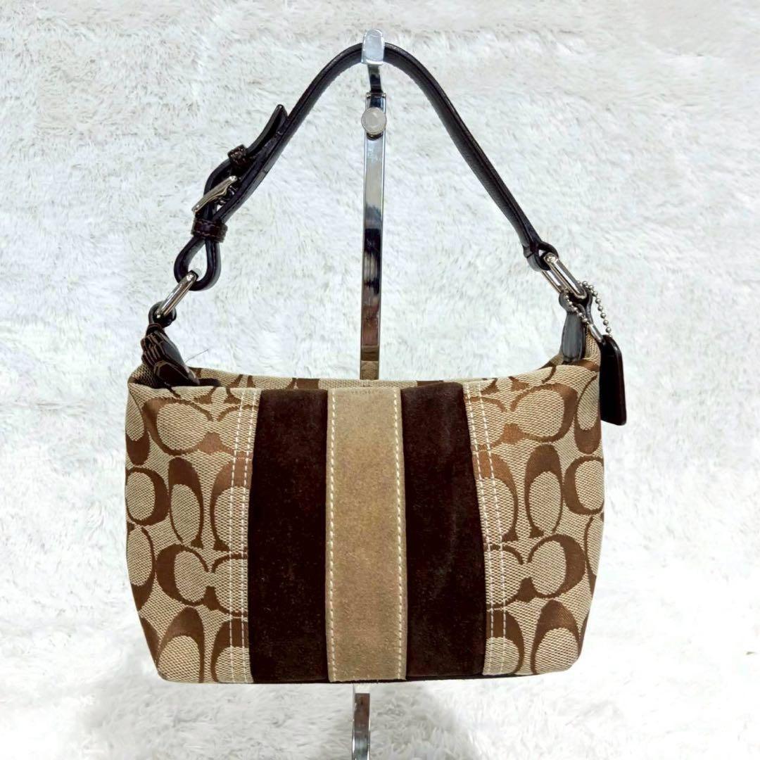 COACH Accessory Pouch Hand Bag Tote Purse Signature Canvas Suede Leather Brown