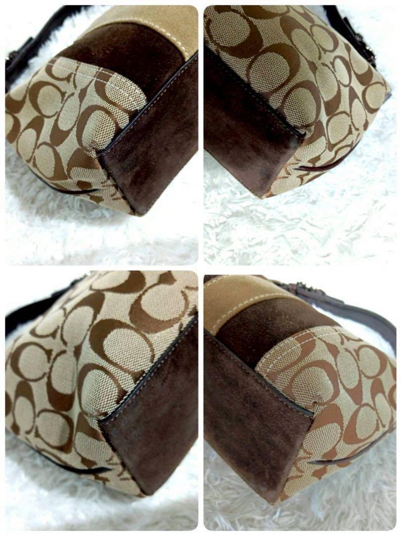 COACH Accessory Pouch Hand Bag Tote Purse Signature Canvas Suede Leather Brown