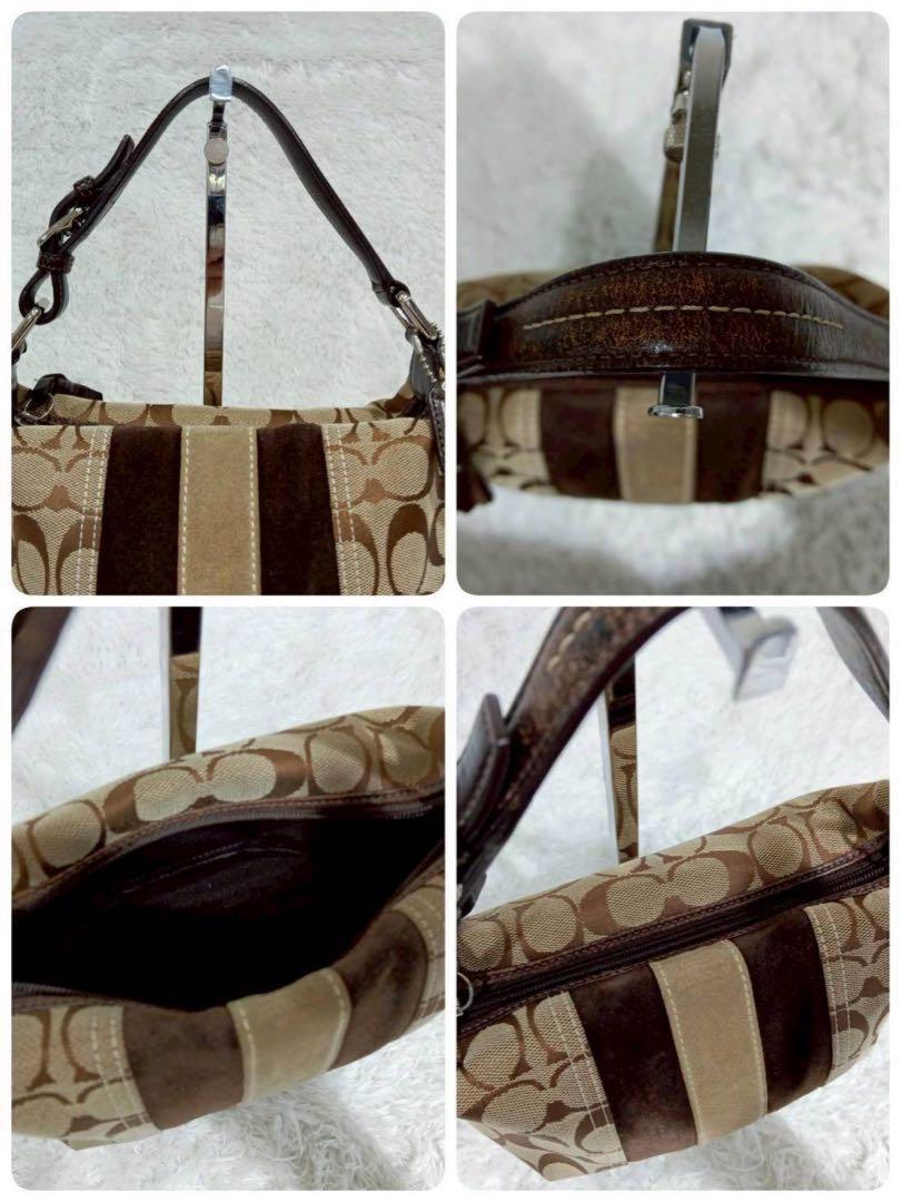 COACH Accessory Pouch Hand Bag Tote Purse Signature Canvas Suede Leather Brown