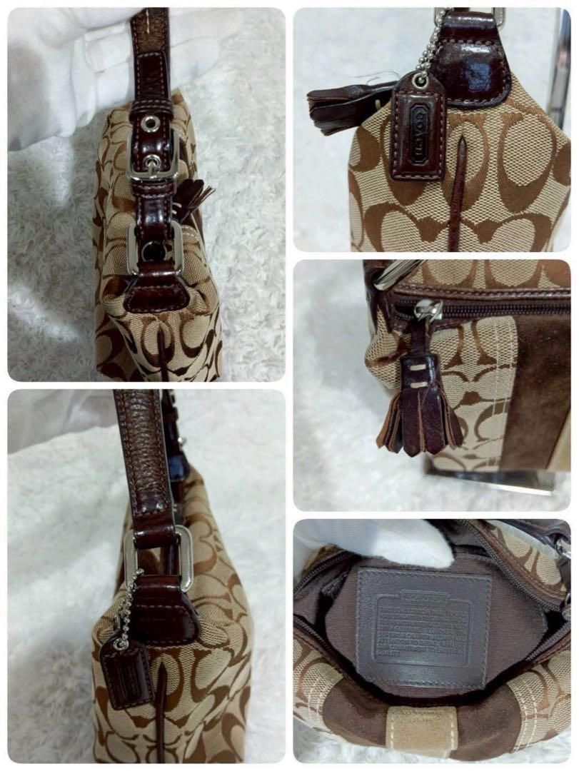 COACH Accessory Pouch Hand Bag Tote Purse Signature Canvas Suede Leather Brown