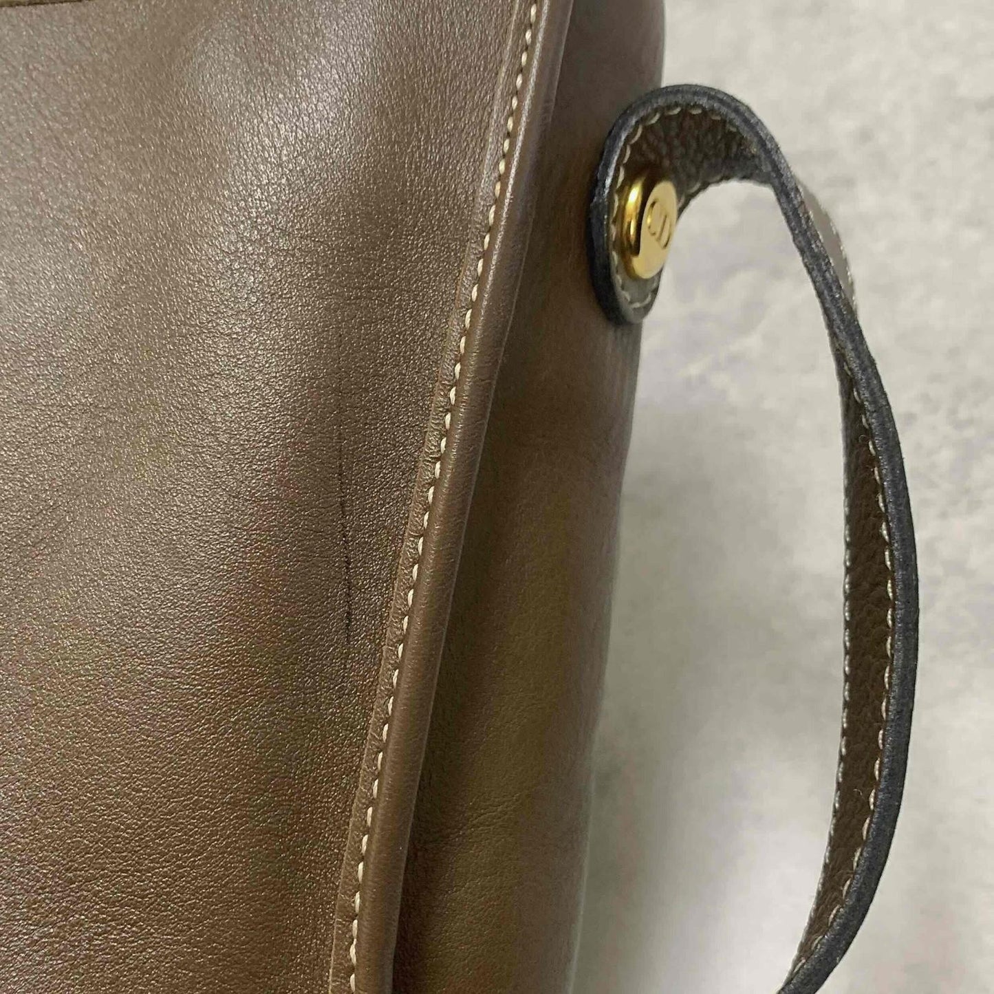 Christian Dior Shoulder Bag CD Stitch Brown Gold Leather Unisex Used Authentic