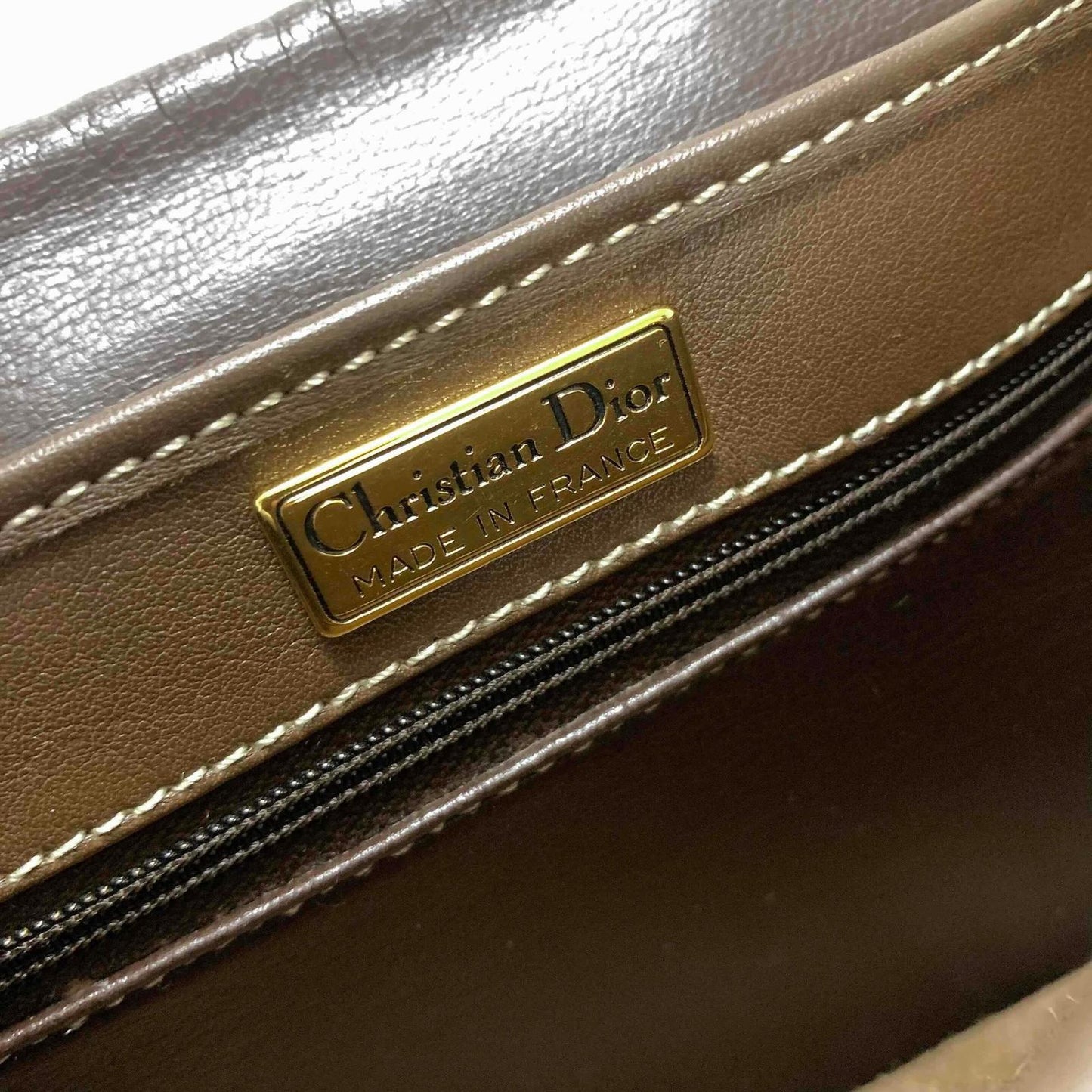 Christian Dior Shoulder Bag CD Stitch Brown Gold Leather Unisex Used Authentic