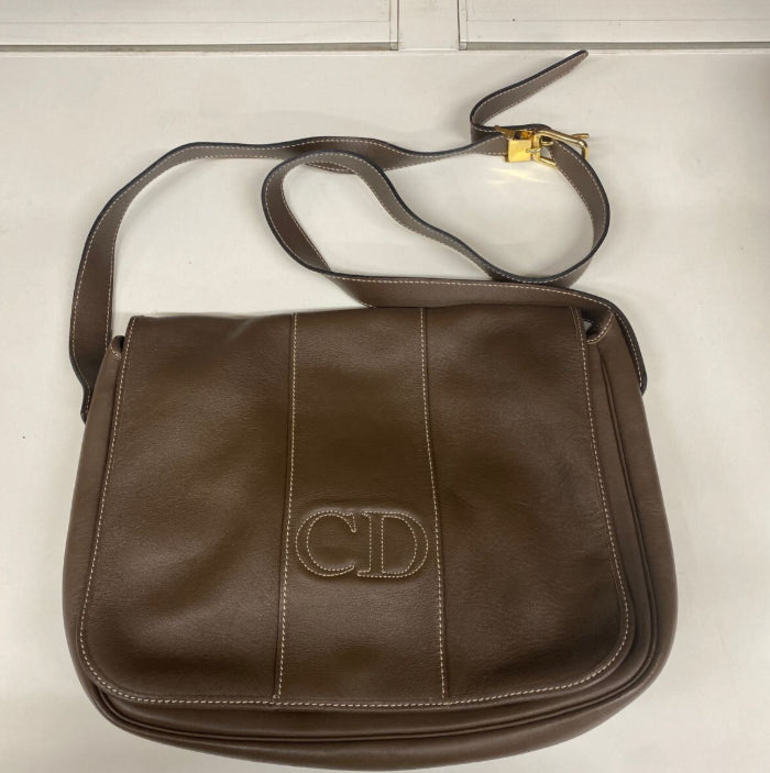 Christian Dior Shoulder Bag CD Stitch Brown Gold Leather Unisex Used Authentic