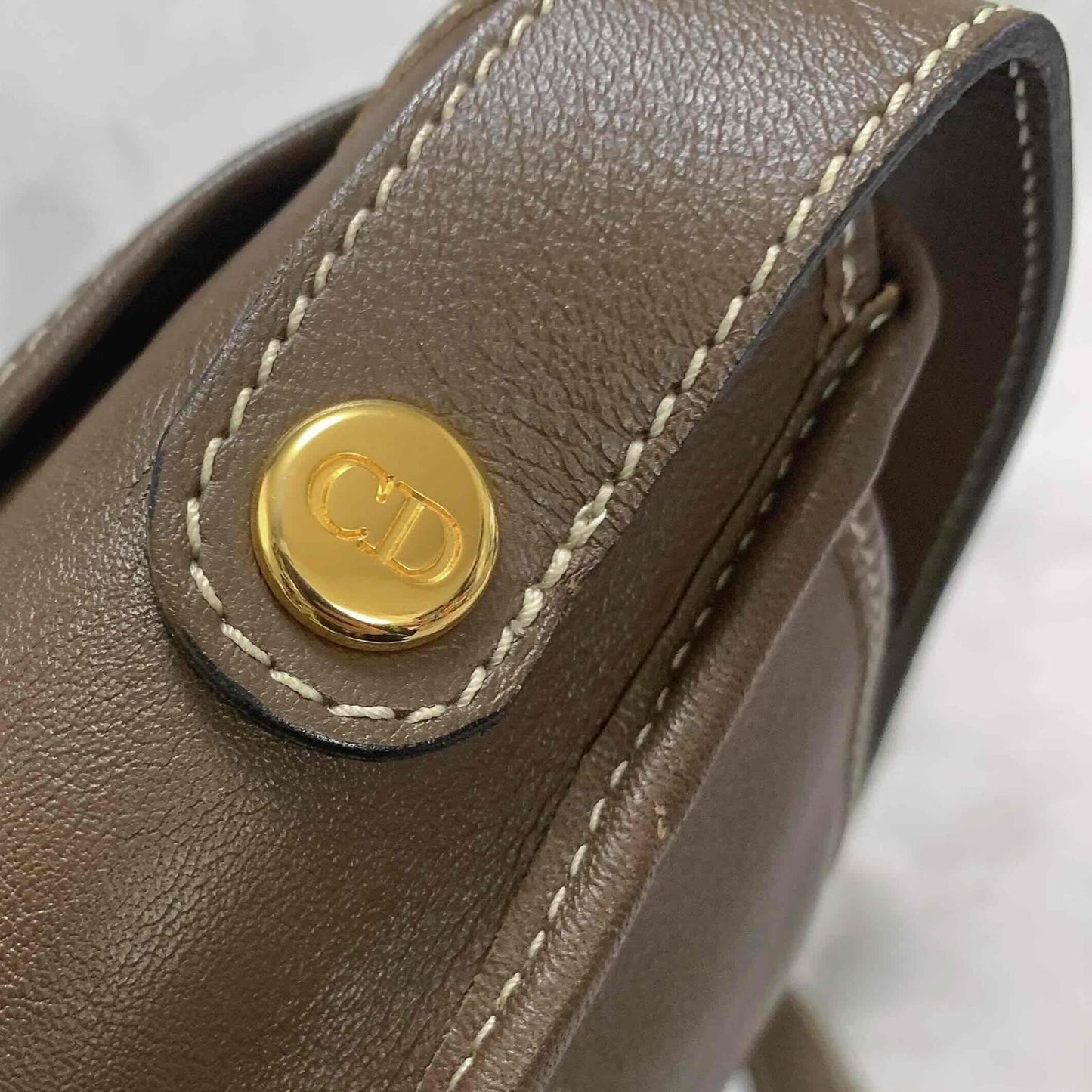 Christian Dior Shoulder Bag CD Stitch Brown Gold Leather Unisex Used Authentic