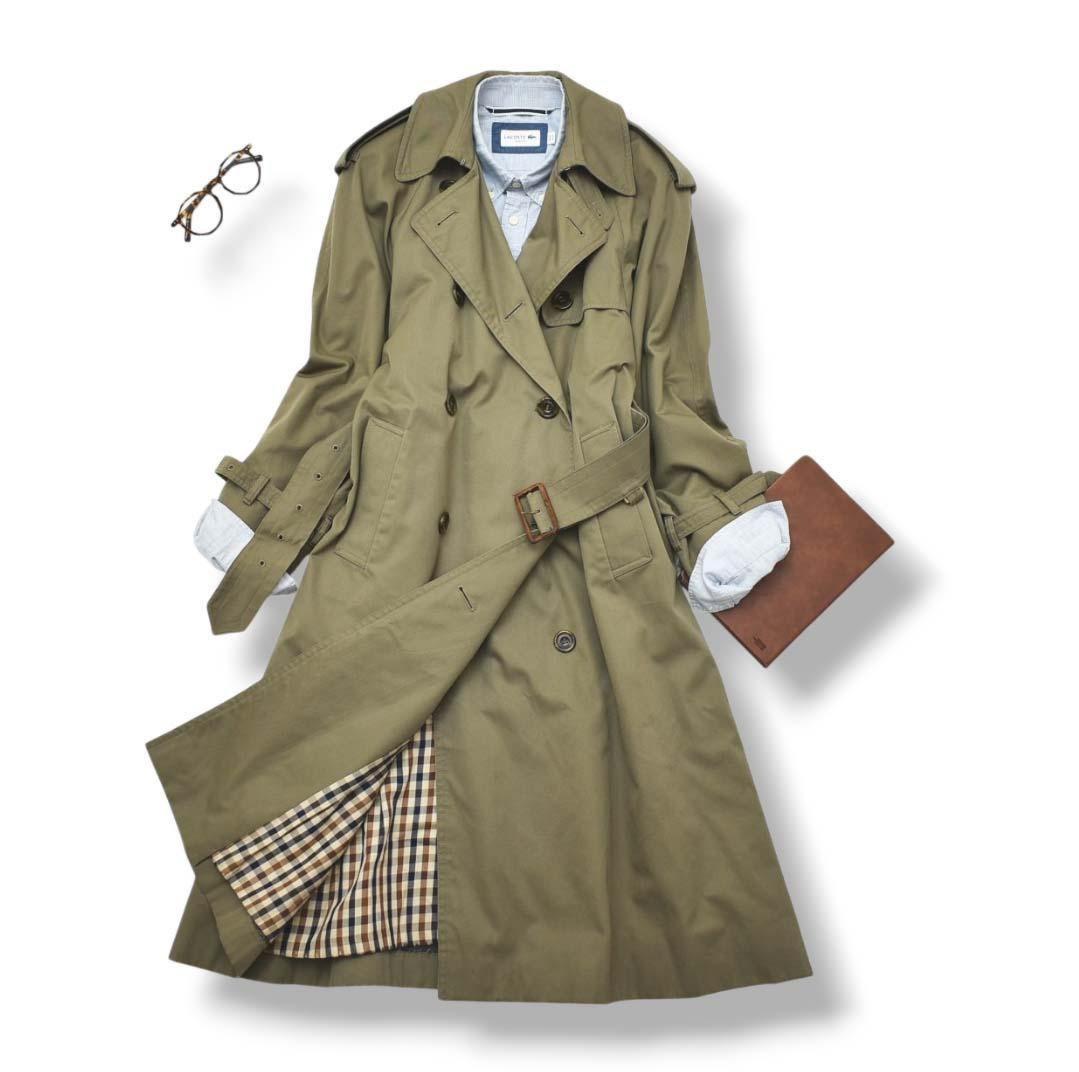 Aquascutum Trench Coat Club Check Asian fit L US size M Khaki Authentic