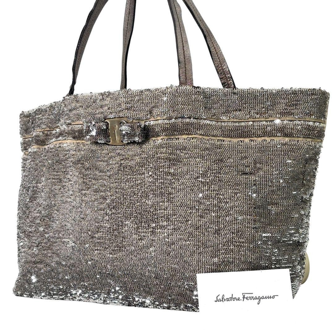 Salvatore Ferragamo Hand Bag Tote Purse Vara Ribbon Sequins Leather Silver Beige