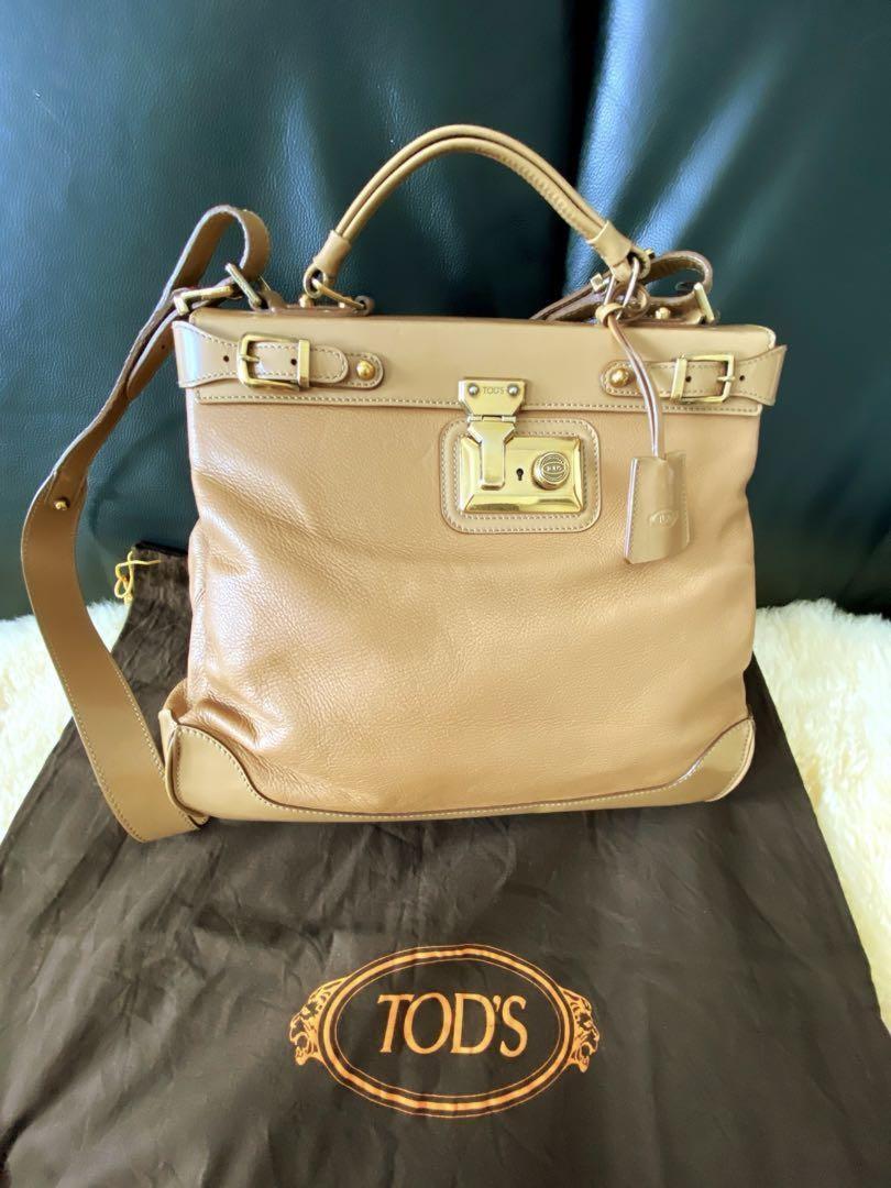 TOD'S Hand Shoulder Bag Tote Purse 2way Dokt Bag Leather Camel Authentic